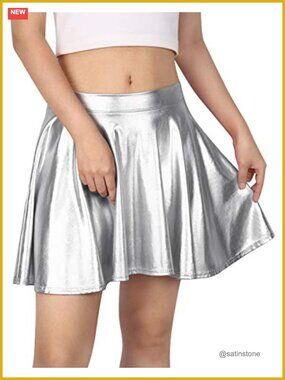 Womens Metallic Pleated A-Line Circle Skater Flare Mini Skirt